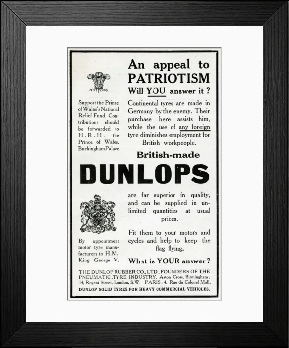 Framed Print : Advertisement for Dunlop tyres, WW1 Framed Print : Advertisement for Dunlop tyres, WW1