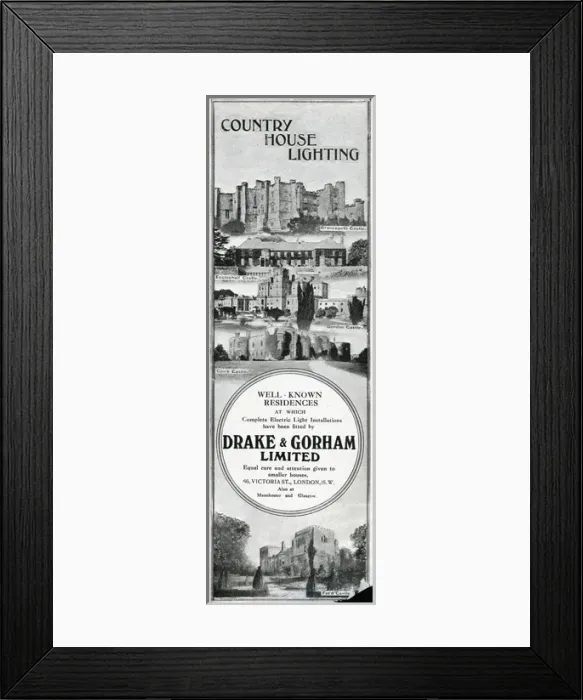 Framed Print : Advert for Drake & Gorham electric lighting 1914 Framed Print : Advert for Drake & Gorham electric lighting 1914