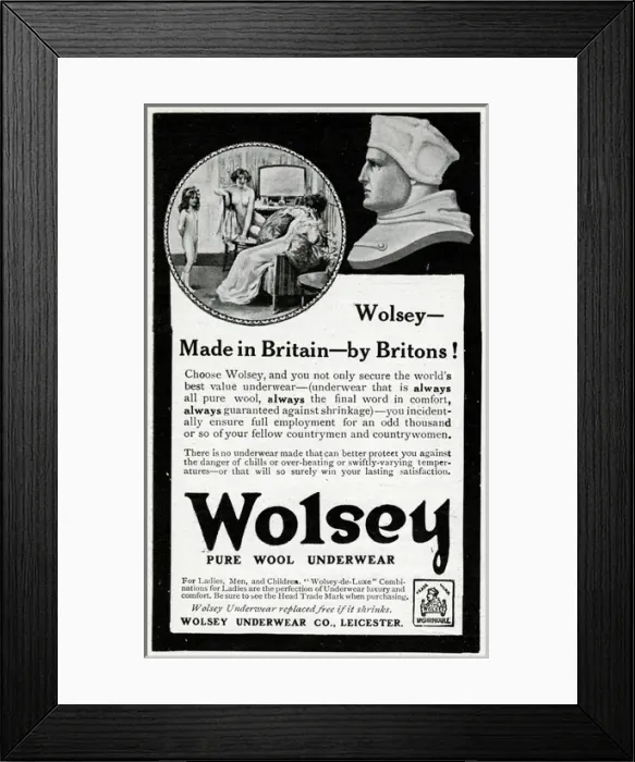 Framed Print : Advert for Wolsey pure wool underwear 1914 Framed Print : Advert for Wolsey pure wool underwear 1914
