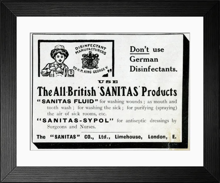 Framed Print : Advertisement for Sanitas disinfectant, WW1 Framed Print : Advertisement for Sanitas disinfectant, WW1