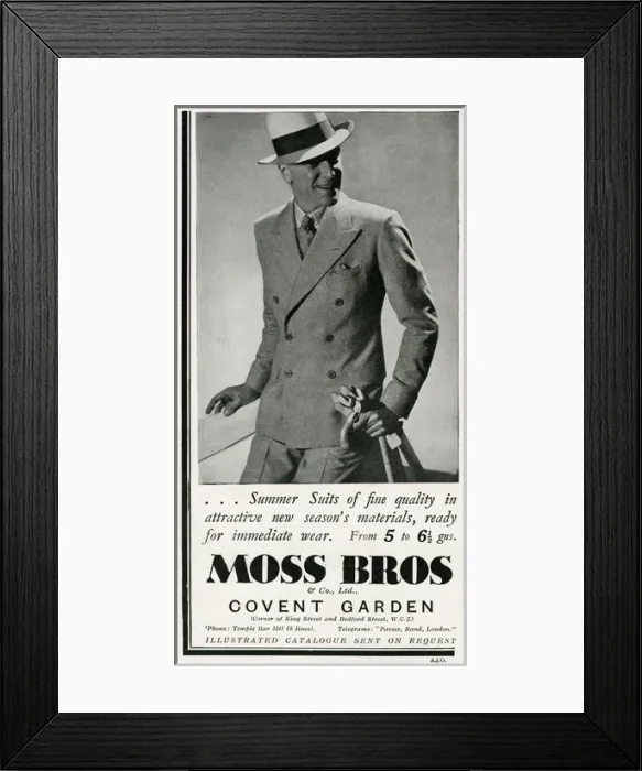 Framed Print : Advert for Moss Bros summer suits for men 1934 Framed Print : Advert for Moss Bros summer suits for men 1934