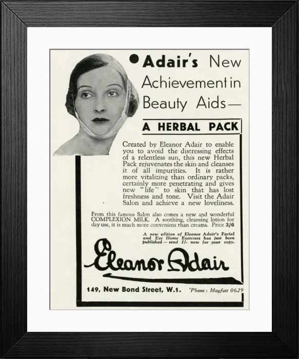 Framed Print : Advert for Eleanor Adair, herbal pack 1934 Framed Print : Advert for Eleanor Adair, herbal pack 1934