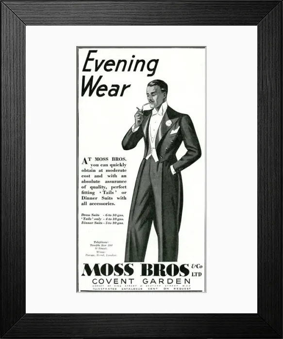 Framed Print : Advert for Moss Bros evening wear 1933 Framed Print : Advert for Moss Bros evening wear 1933