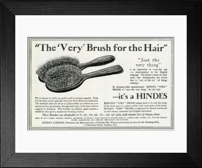 Framed Print : Advert for Hindes hair brushes 1923 Framed Print : Advert for Hindes hair brushes 1923