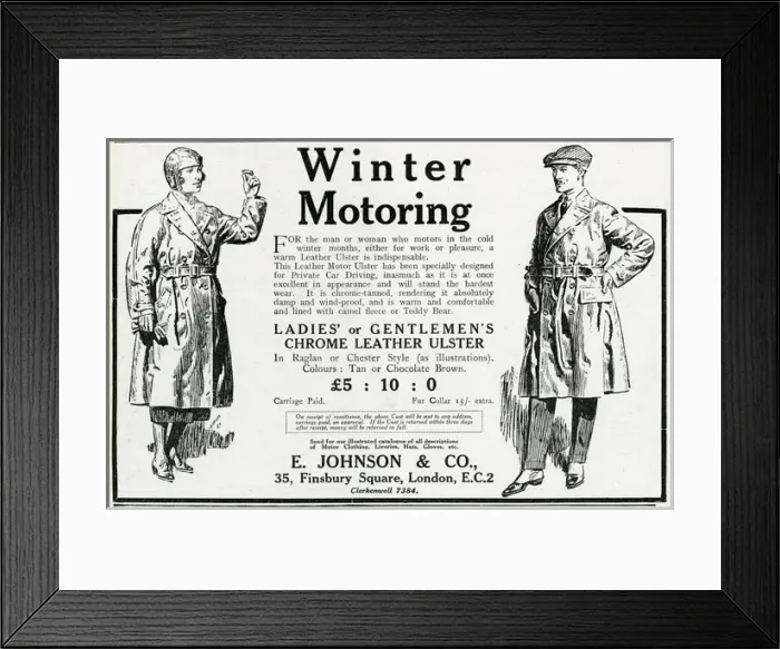 Framed Print : Advert for E. Johnson chrome leather ulster 1923 Framed Print : Advert for E. Johnson chrome leather ulster 1923