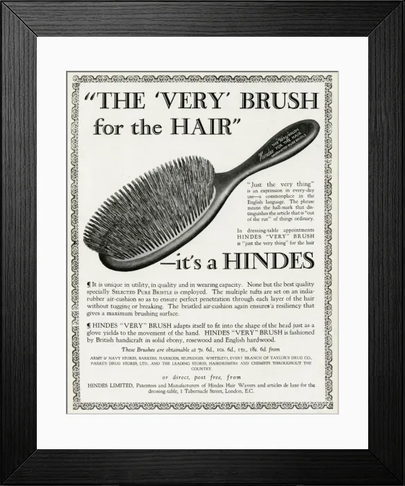 Framed Print : Advert for Hindes hair brushes 1923 Framed Print : Advert for Hindes hair brushes 1923