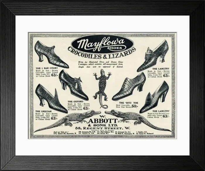Framed Print : Advert for Mayflowa crocodile and lizard womens shoes 1923