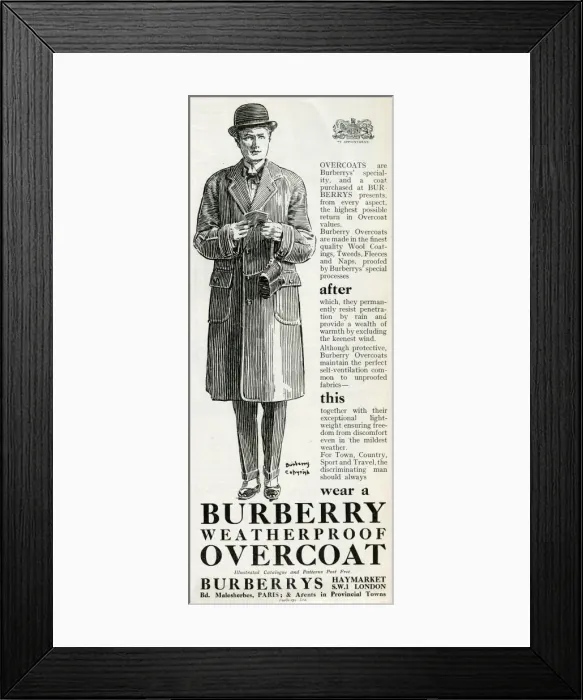 Framed Print : Advert for Burberry waterproof overcoats 1923