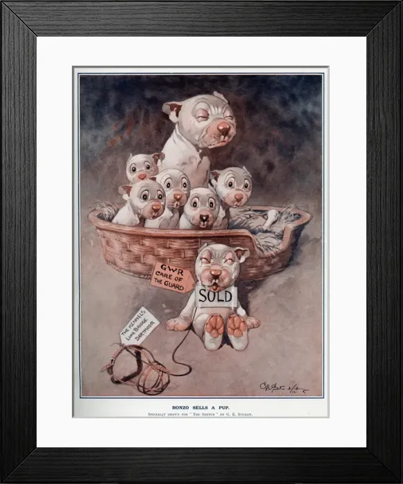 Framed Print : Bonzo sells a pup by George Studdy Framed Print : Bonzo sells a pup by George Studdy