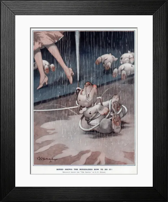Framed Print : Bonzo shows the Bonzolines how to do it! by George Studdy Framed Print : Bonzo shows the Bonzolines how to do it! by George Studdy