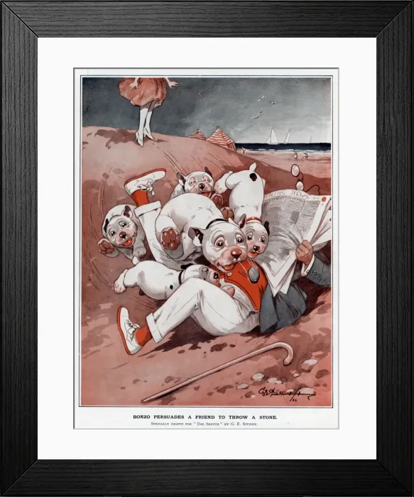 Framed Print : Bonzo persuades a friend to throw a stone by George Studdy Framed Print : Bonzo persuades a friend to throw a stone by George Studdy