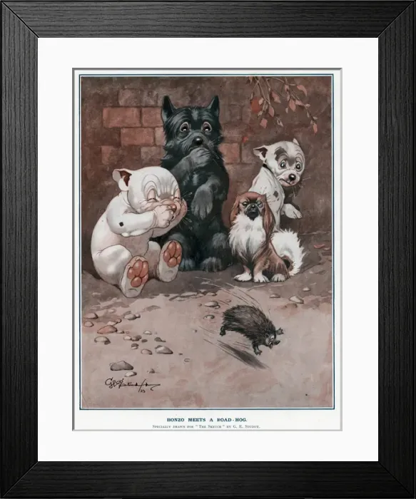 Framed Print : Bonzo meets a road hog by George Studdy Framed Print : Bonzo meets a road hog by George Studdy