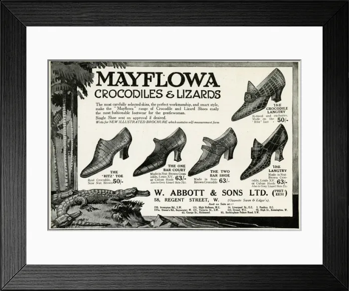 Framed Print : Advert for Mayflowa crocodile and lizard womens shoes 1923 Framed Print : Advert for Mayflowa crocodile and lizard womens shoes 1923