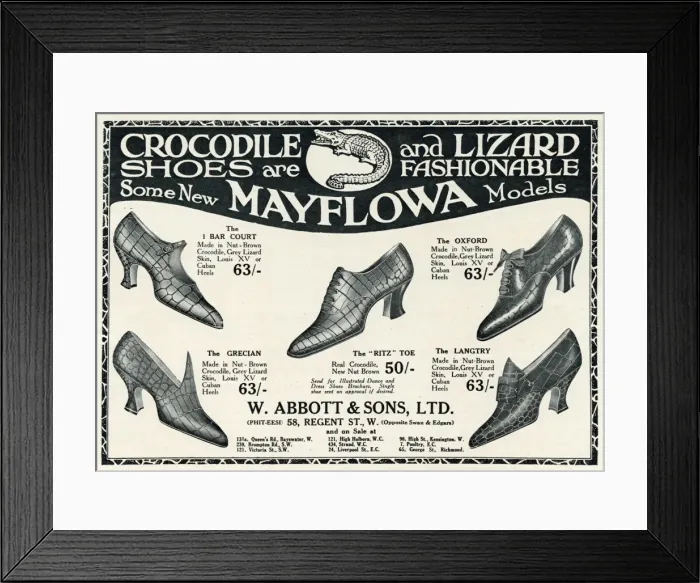 Framed Print : Advert for Mayflowa crocodile and lizard womens shoes 1923