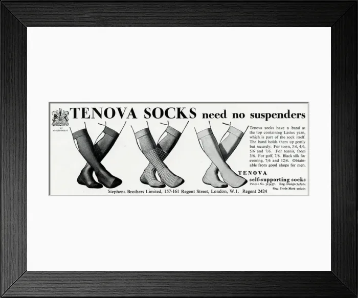 Framed Print : Advert for Tenova mens self-supporting socks 1938 Framed Print : Advert for Tenova mens self-supporting socks 1938
