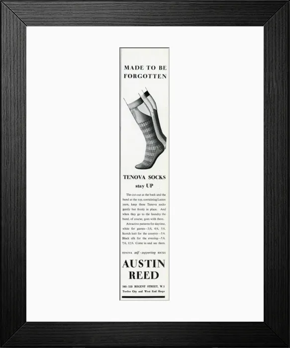 Framed Print : Advert for Tenova mens self-supporting socks 1939 Framed Print : Advert for Tenova mens self-supporting socks 1939
