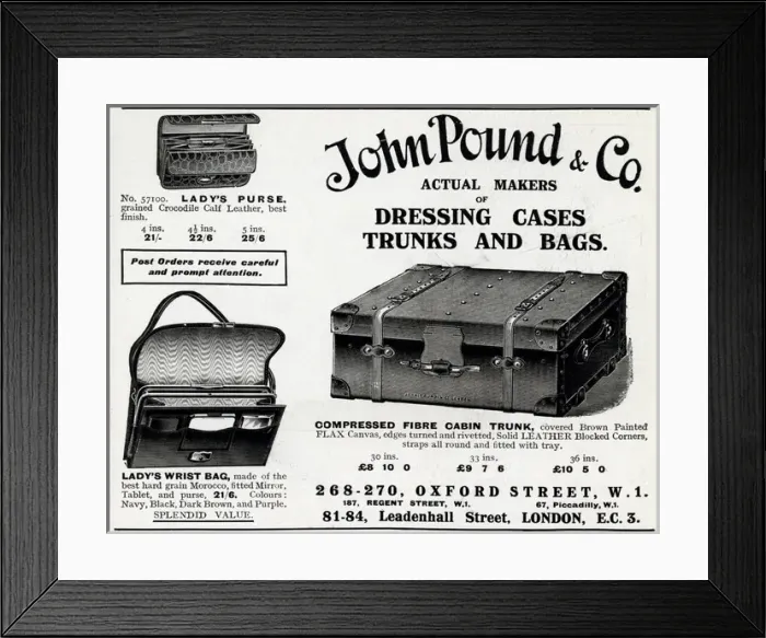Framed Print : Advert for John Pound & Co luggage case 1920 Framed Print : Advert for John Pound & Co luggage case 1920