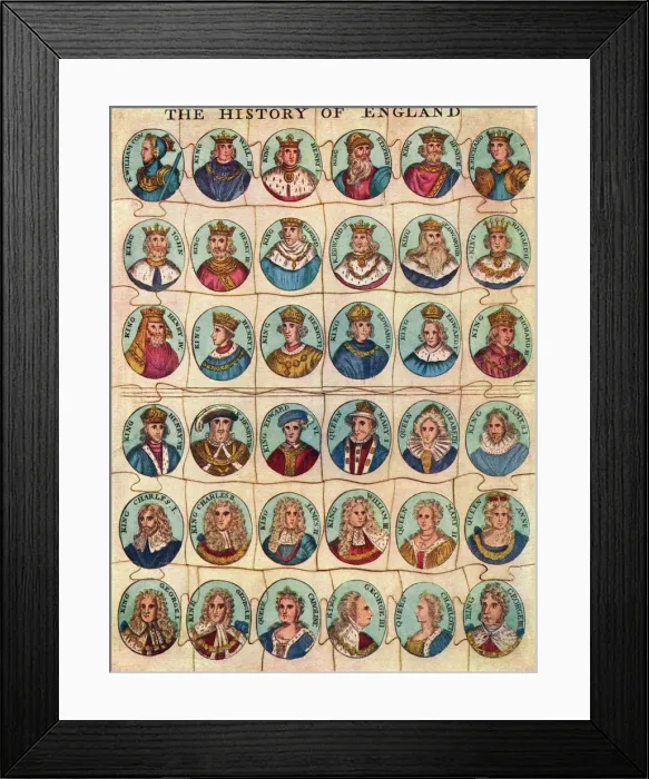 Framed Print : Early jigsaw puzzle showing Kings & Queens of England Framed Print : Early jigsaw puzzle showing Kings & Queens of England