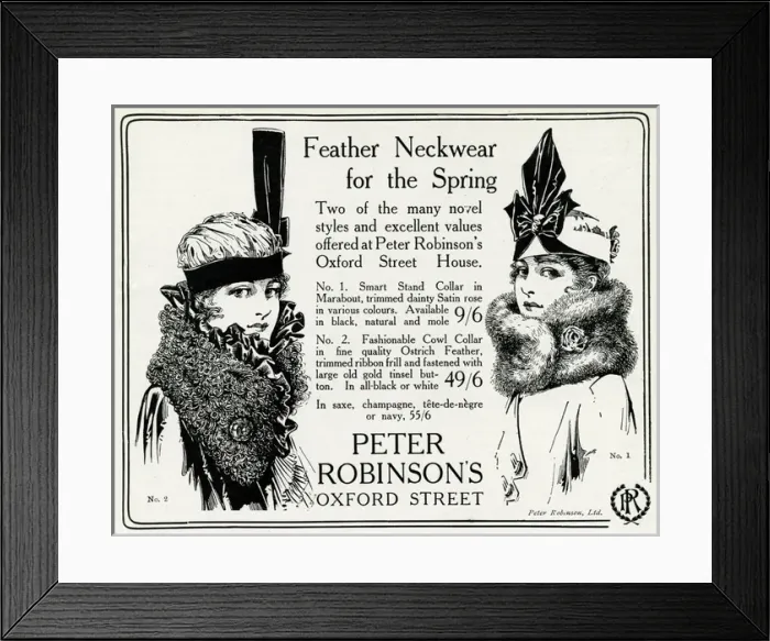 Framed Print : Advert for Peter Robinsons feather neckwear 1916 Framed Print : Advert for Peter Robinsons feather neckwear 1916