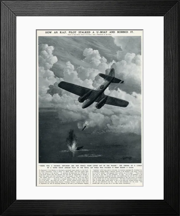 Framed Print : RAF pilot bombing U-boat by G. H. Davis
