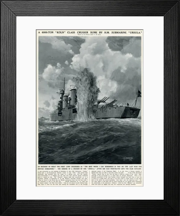 Framed Print : British submarine sinks German cruiser by G. H. Davis