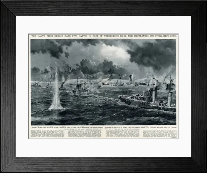 Framed Print : British naval action in Narvik harbour by G. H. Davis Framed Print : British naval action in Narvik harbour by G. H. Davis