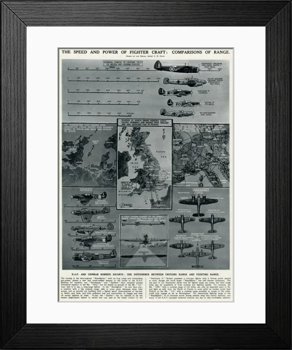 Framed Print : Comparative ranges of fighter aircraft by G. H. Davis Framed Print : Comparative ranges of fighter aircraft by G. H. Davis