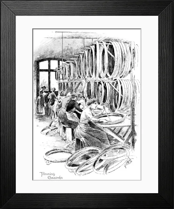 Framed Print : Manufacture of Dunlop tyres, 1896: trimming the casings