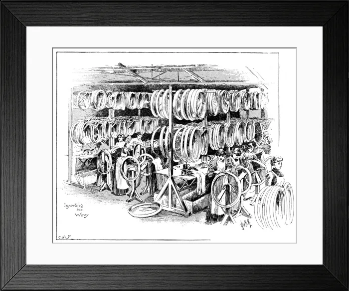 Framed Print : Manufacture of Dunlop tyres, 1896: inserting the wires Framed Print : Manufacture of Dunlop tyres, 1896: inserting the wires