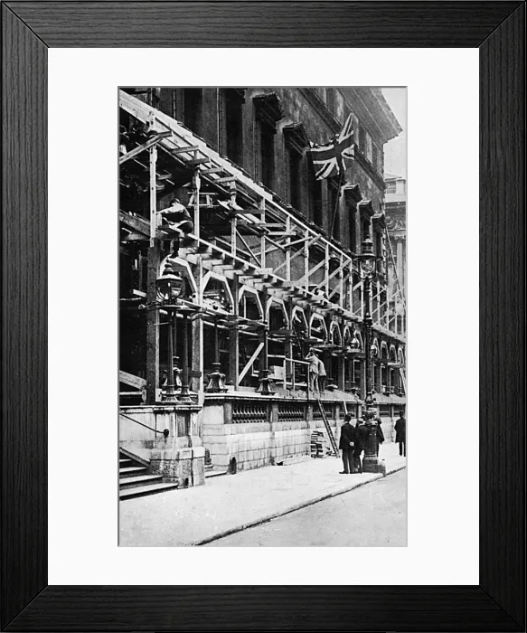 Framed Print : Erecting coronation seats in front of Reform Club Framed Print : Erecting coronation seats in front of Reform Club