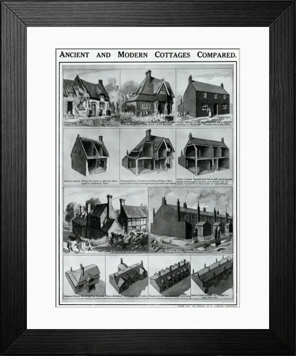 Framed Print : Ancient and modern cottages compared
