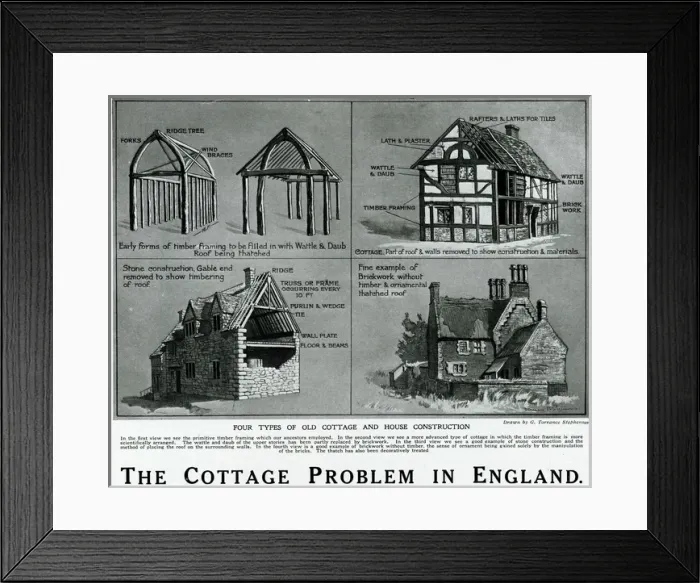 Framed Print : Four types of old cottage and house construction Framed Print : Four types of old cottage and house construction
