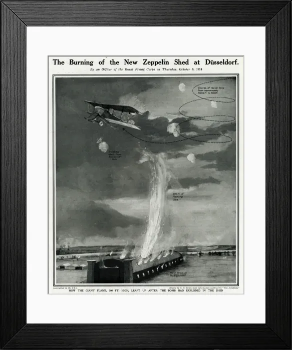 Framed Print : Burning of Zeppelin shed at Dusseldorf by G. H. Davis Framed Print : Burning of Zeppelin shed at Dusseldorf by G. H. Davis