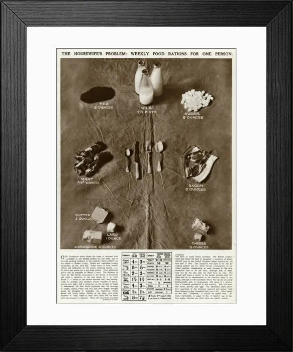 Framed Print : Weekly food ration for one person 1946