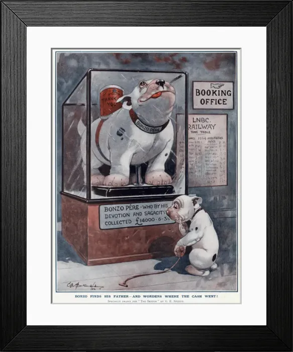 Framed Print : Bonzo in search of his forefathers by George Studdy Framed Print : Bonzo in search of his forefathers by George Studdy