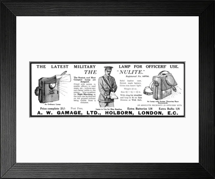 Framed Print : The latest military lamp from Gamages, World War One Framed Print : The latest military lamp from Gamages, World War One