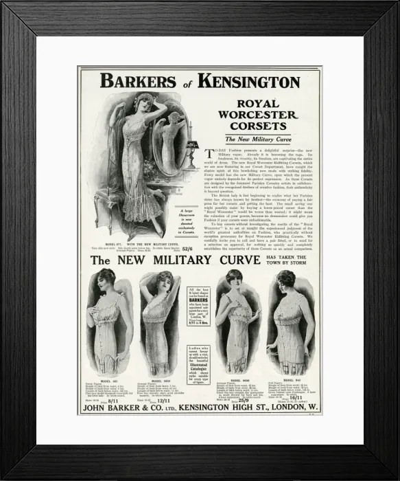 Framed Print : Advert for Royal Worcester new Military Curve corsets, WW1 Framed Print : Advert for Royal Worcester new Military Curve corsets, WW1
