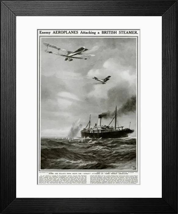 Framed Print : Enemy aeroplanes attack British steamer by G. H. Davis Framed Print : Enemy aeroplanes attack British steamer by G. H. Davis