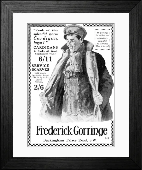 Framed Print : Frederick Gorringe advert - cardigans for soldiers, WWI Framed Print : Frederick Gorringe advert - cardigans for soldiers, WWI