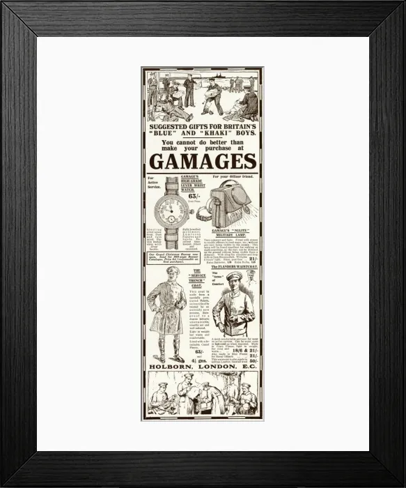 Framed Print : Advert for Gamages suggesting gifts for soldiers 1915 Framed Print : Advert for Gamages suggesting gifts for soldiers 1915