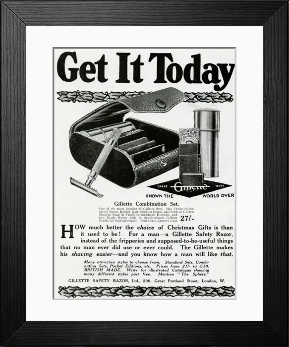 Framed Print : Advert for Gillette razor combination set 1915 Framed Print : Advert for Gillette razor combination set 1915