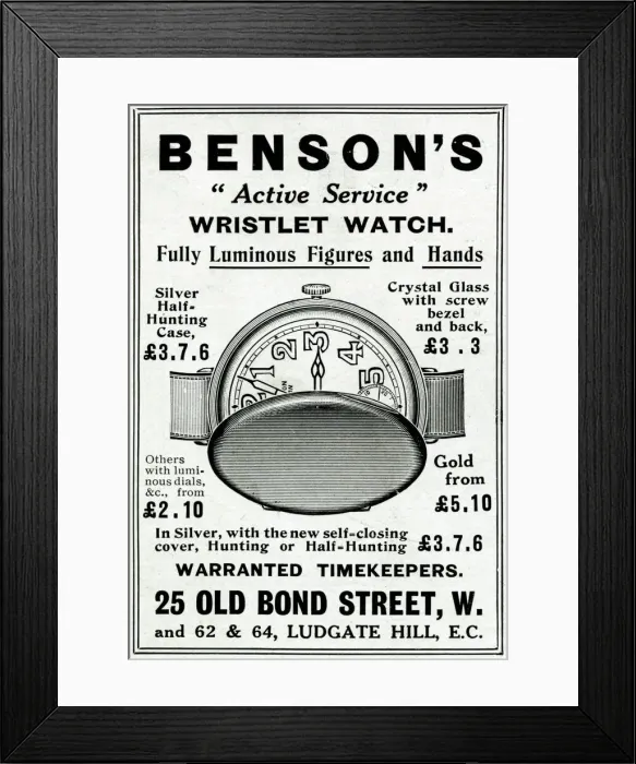 Framed Print : Advert for Bensons luminous wrist watch 1915 Framed Print : Advert for Bensons luminous wrist watch 1915