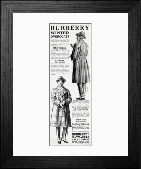 Framed Print : Advert for Burberry winter overcoats 1923