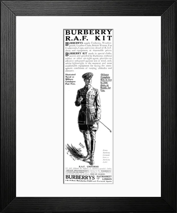 Framed Print : Burberry R. A. F. kit advertisement, World War One Framed Print : Burberry R. A. F. kit advertisement, World War One