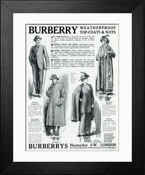 Framed Print : Advert for Burberry weatherproof top-coats and suits 1913 Framed Print : Advert for Burberry weatherproof top-coats and suits 1913