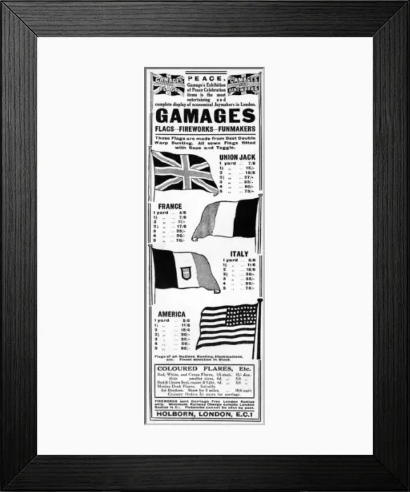 Framed Print : Gamages peace celebrations items advertisement Framed Print : Gamages peace celebrations items advertisement