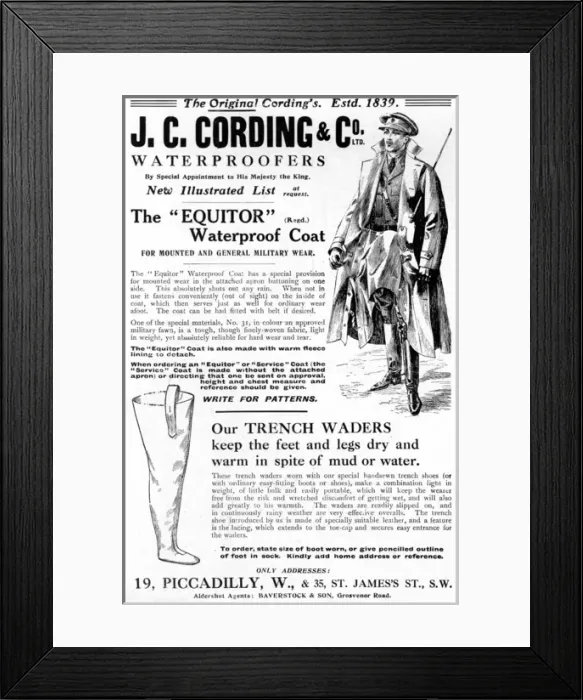 Framed Print : J. Cording advertisement, WW1 with trench waders Framed Print : J. Cording advertisement, WW1 with trench waders