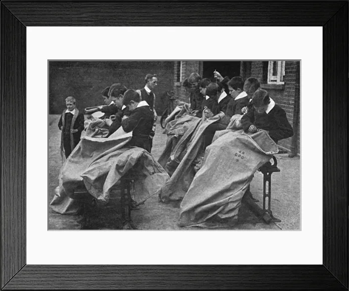 Framed Print : Children making mail bags for sending parcels to the front Framed Print : Children making mail bags for sending parcels to the front