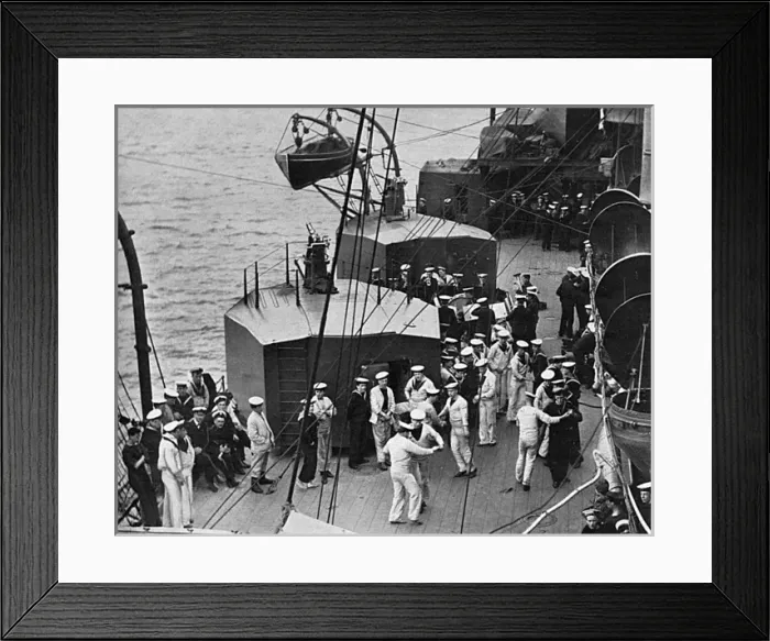 Framed Print : Sailors dancing to ships band on deck, WW1