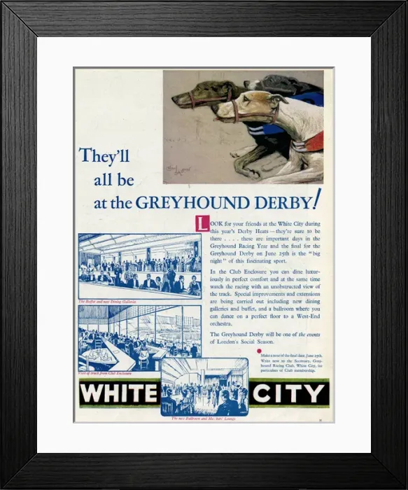 Framed Print : Advert for White City Greyhound Racing 1932 Framed Print : Advert for White City Greyhound Racing 1932